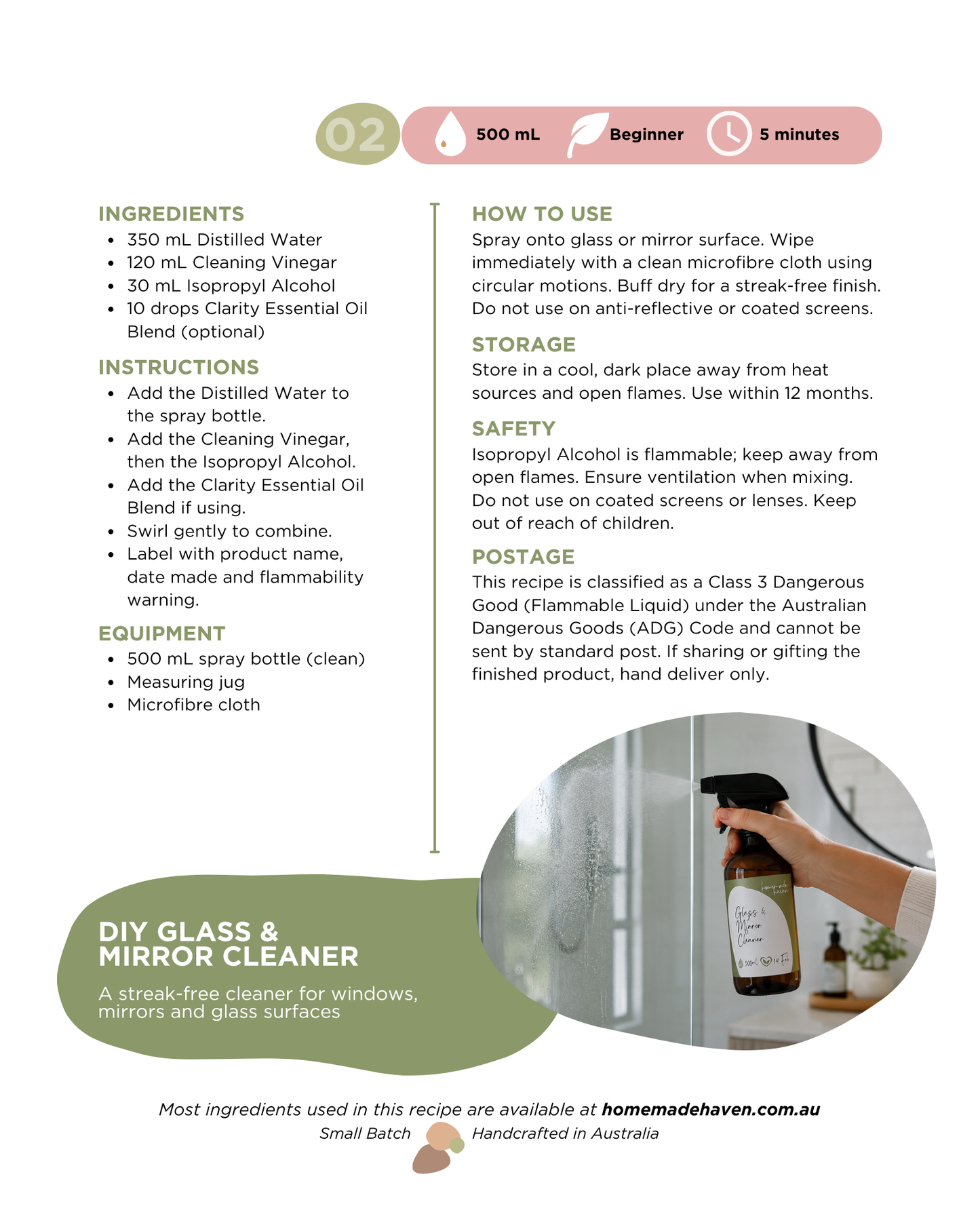 DIY Glass & Mirror Cleaner Recipe Card
