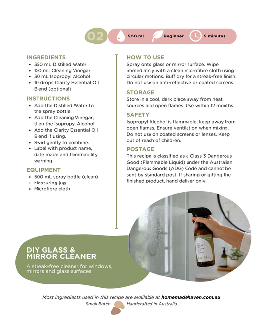 DIY Glass & Mirror Cleaner Recipe Card