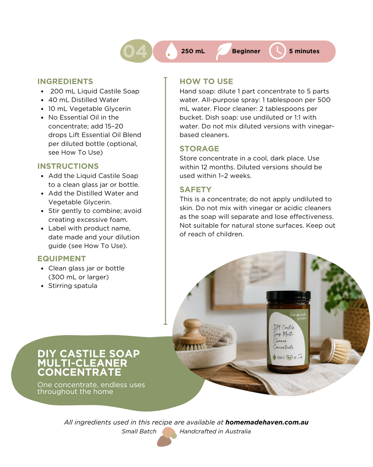 DIY Castile Soap Multi Cleaner Concentrate Recipe Card