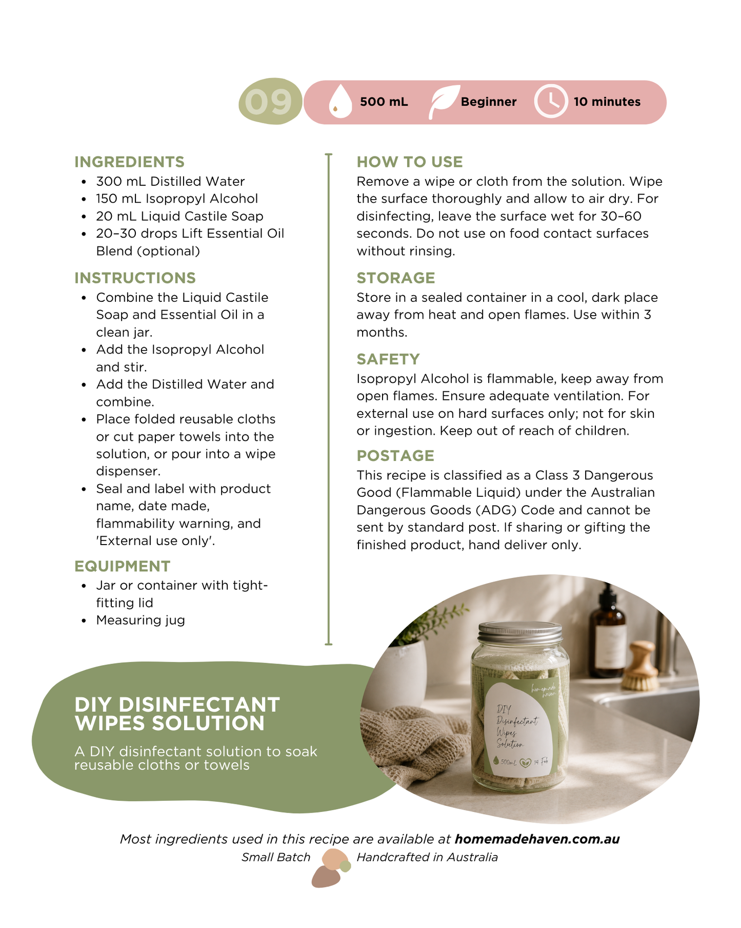 DIY Disinfectant Wipes Solution Recipe Card
