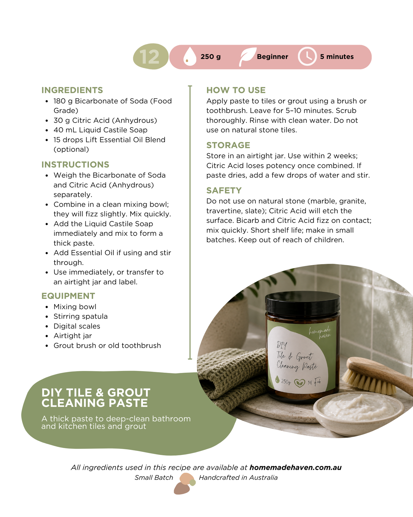 DIY Tile & Grout Cleaning Paste Recipe Card
