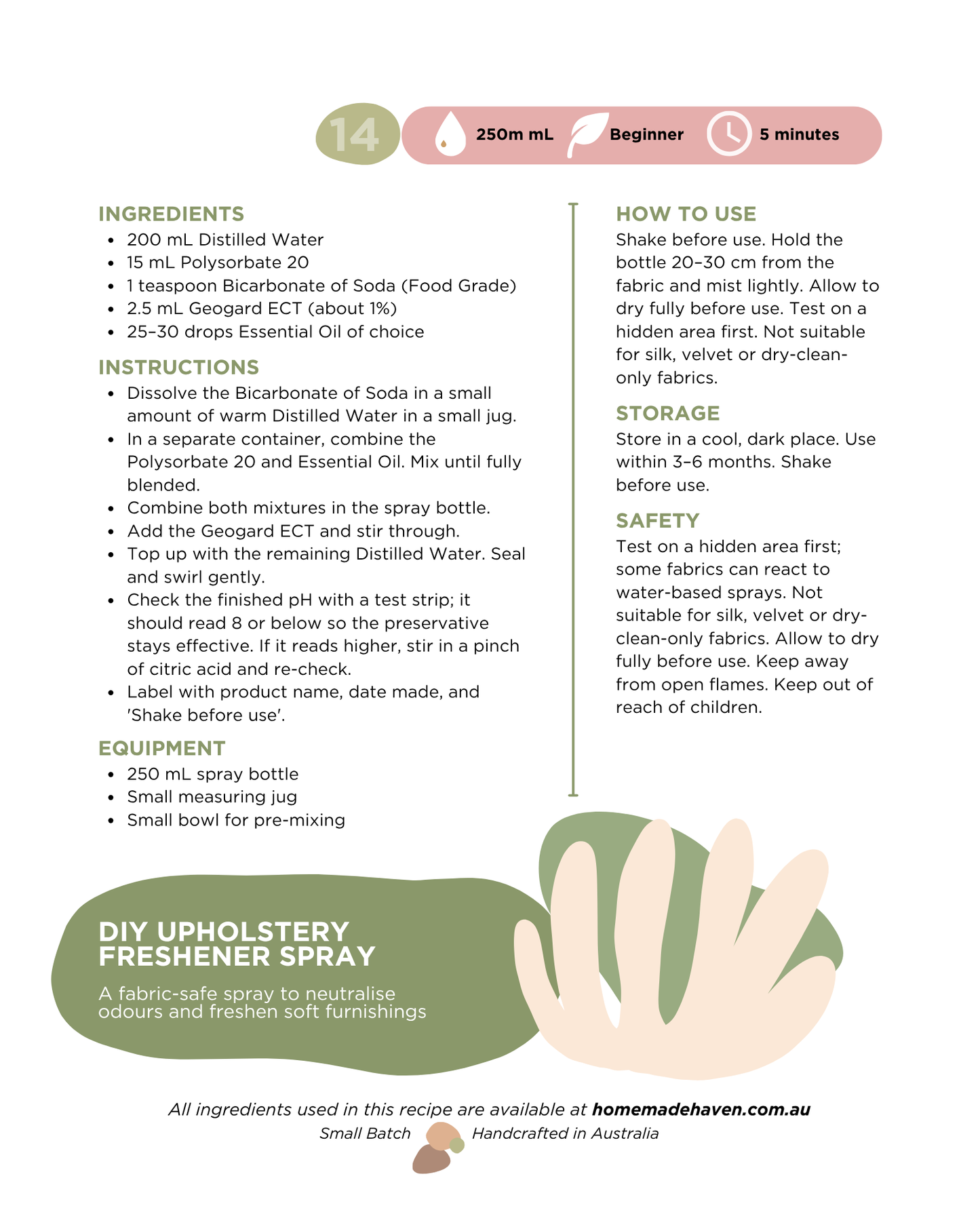 DIY Upholstery Freshener Spray Recipe Card