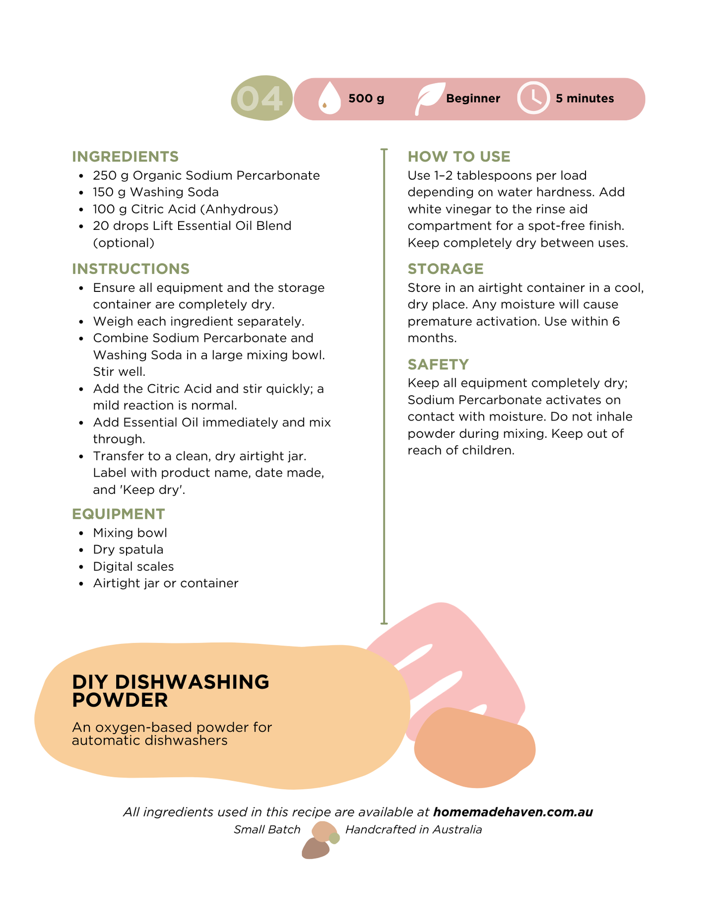 DIY Dishwasher Powder Recipe Card