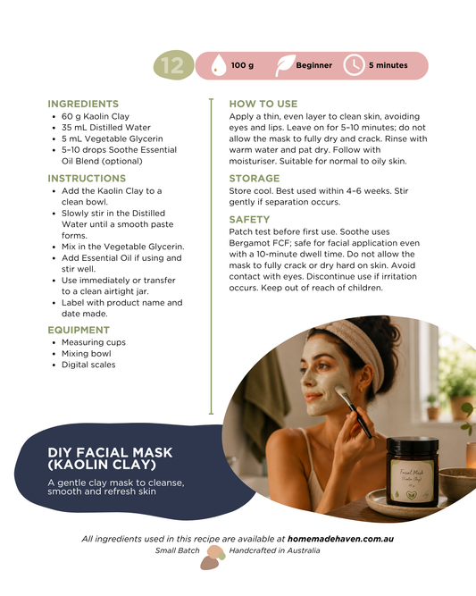 DIY Face Mask (Kaolin Clay) Recipe Card