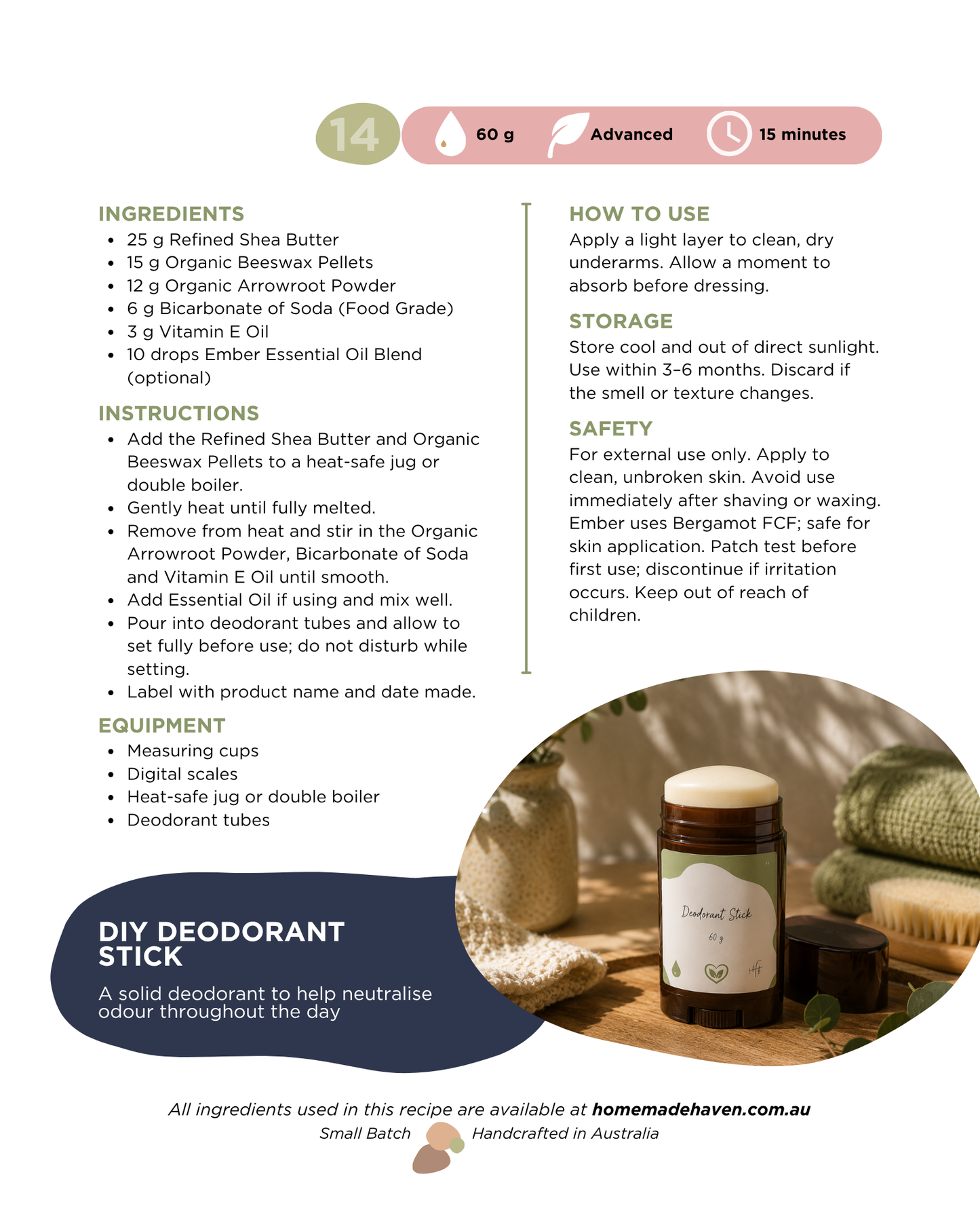 DIY Deodorant Stick Recipe Card