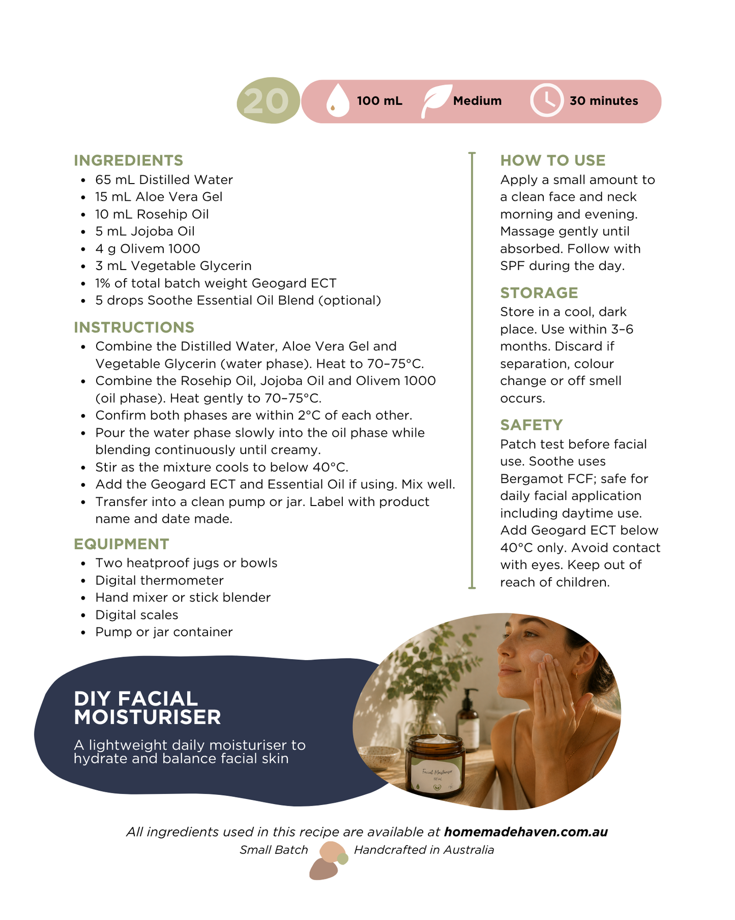 DIY Facial Moisturiser Recipe Card