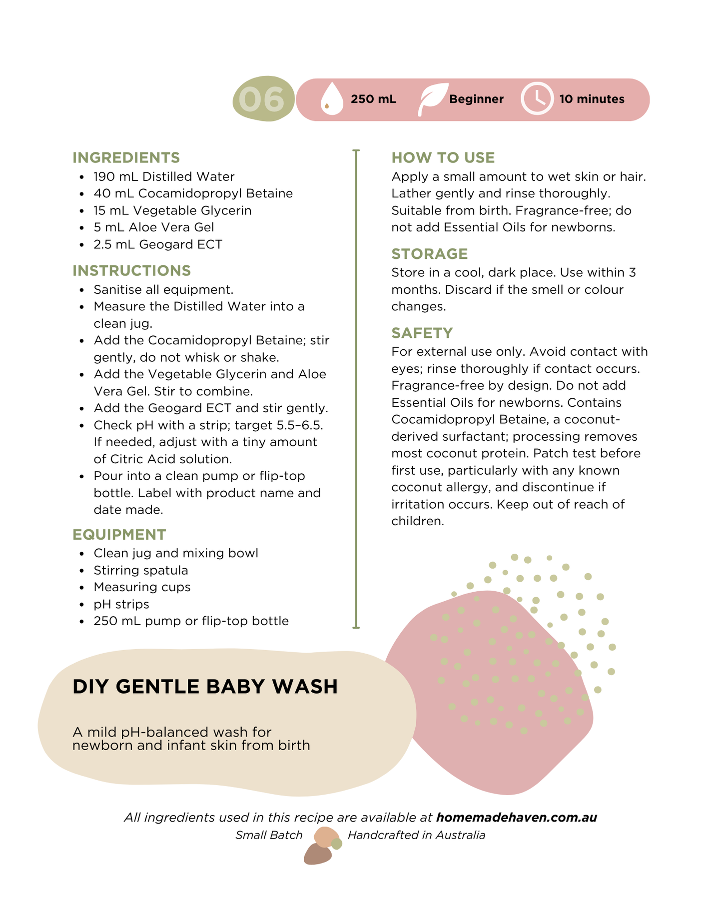 DIY Gentle Baby Wash Recipe Card
