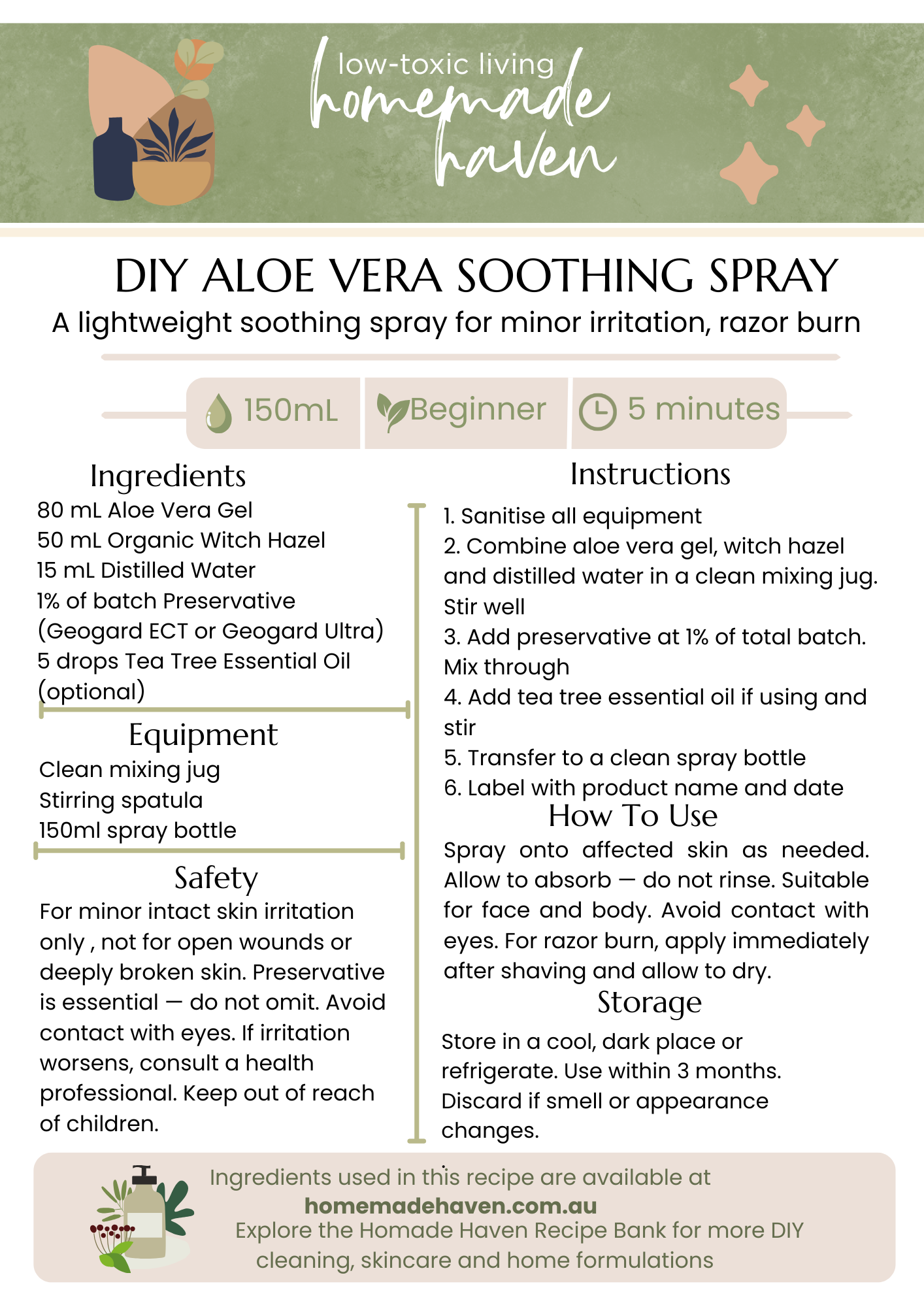 DIY Aloe Vera Soothing Spray Recipe Card