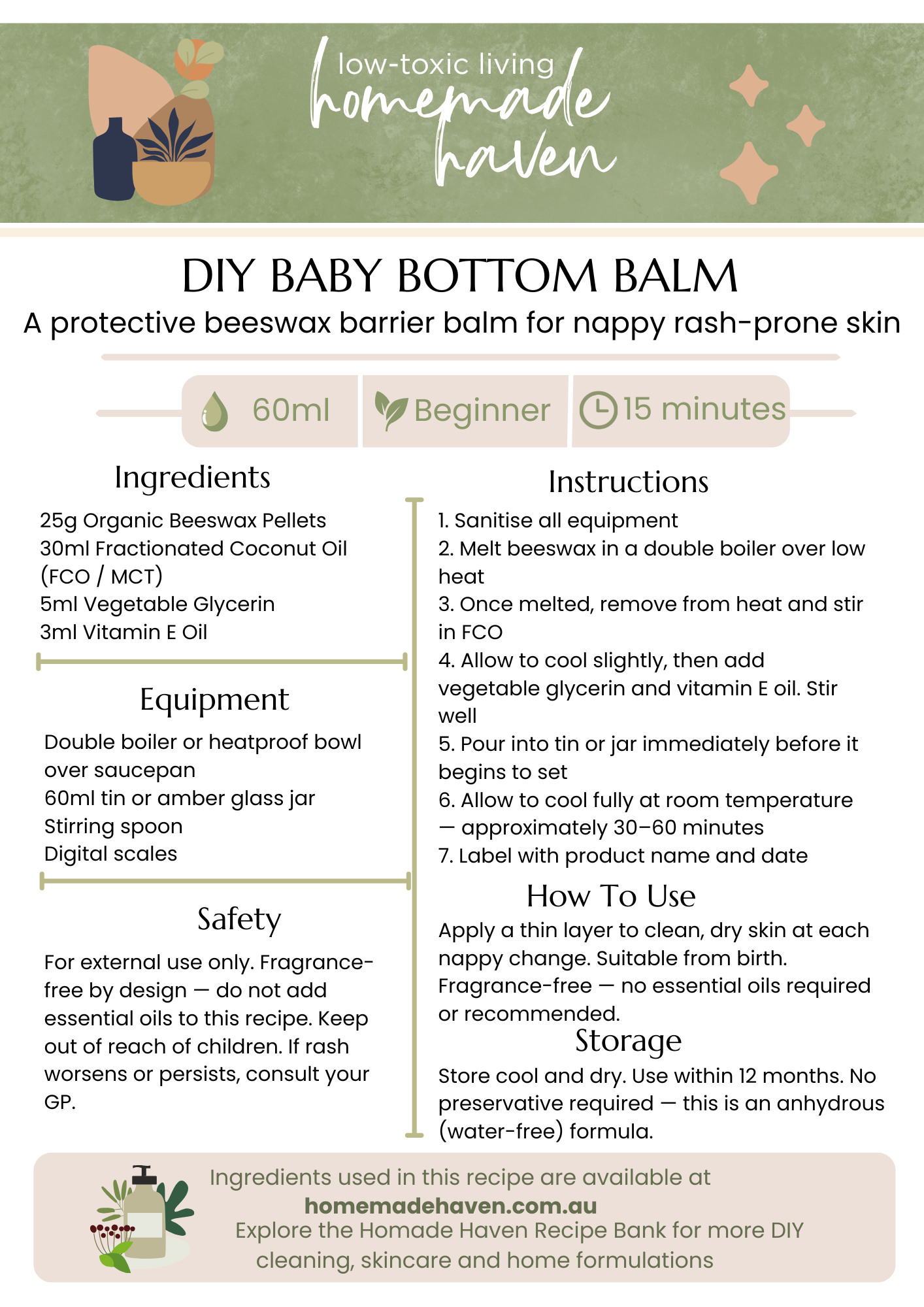 DIY Baby Bottom Balm Recipe Card