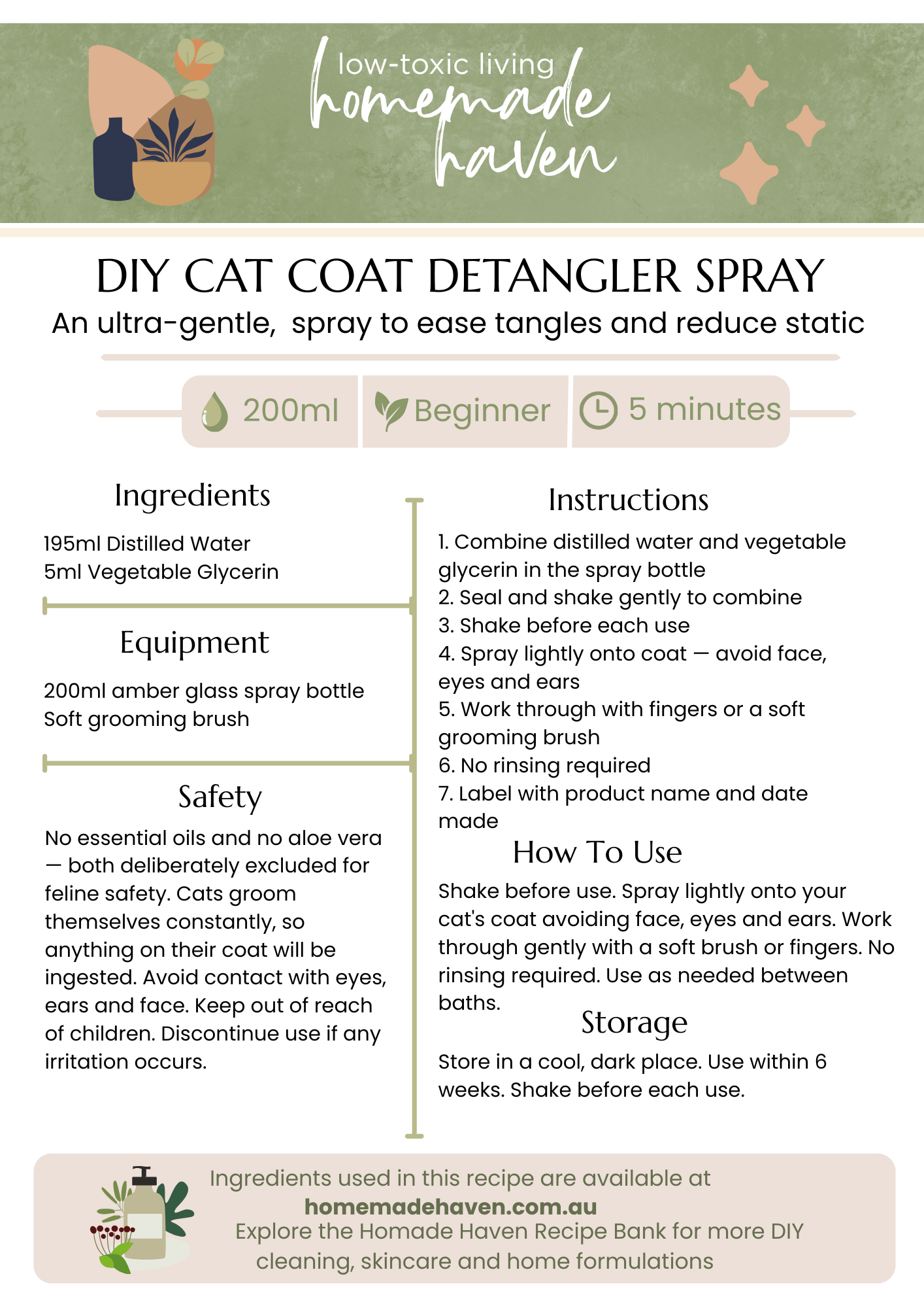 DIY Cat Coat Detangler Spray Recipe Card