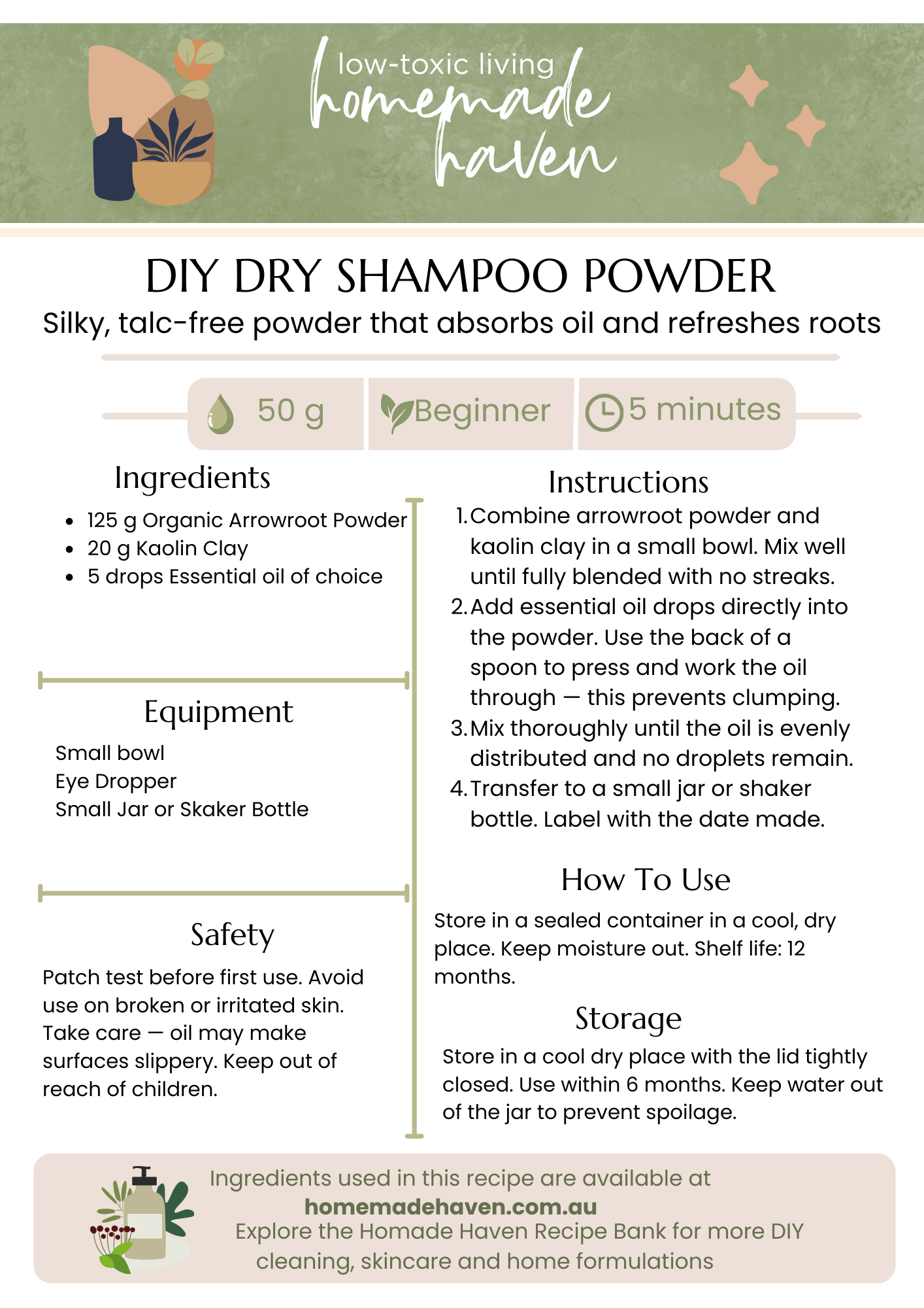 DIY Dry Shampoo Powder Recipe Card