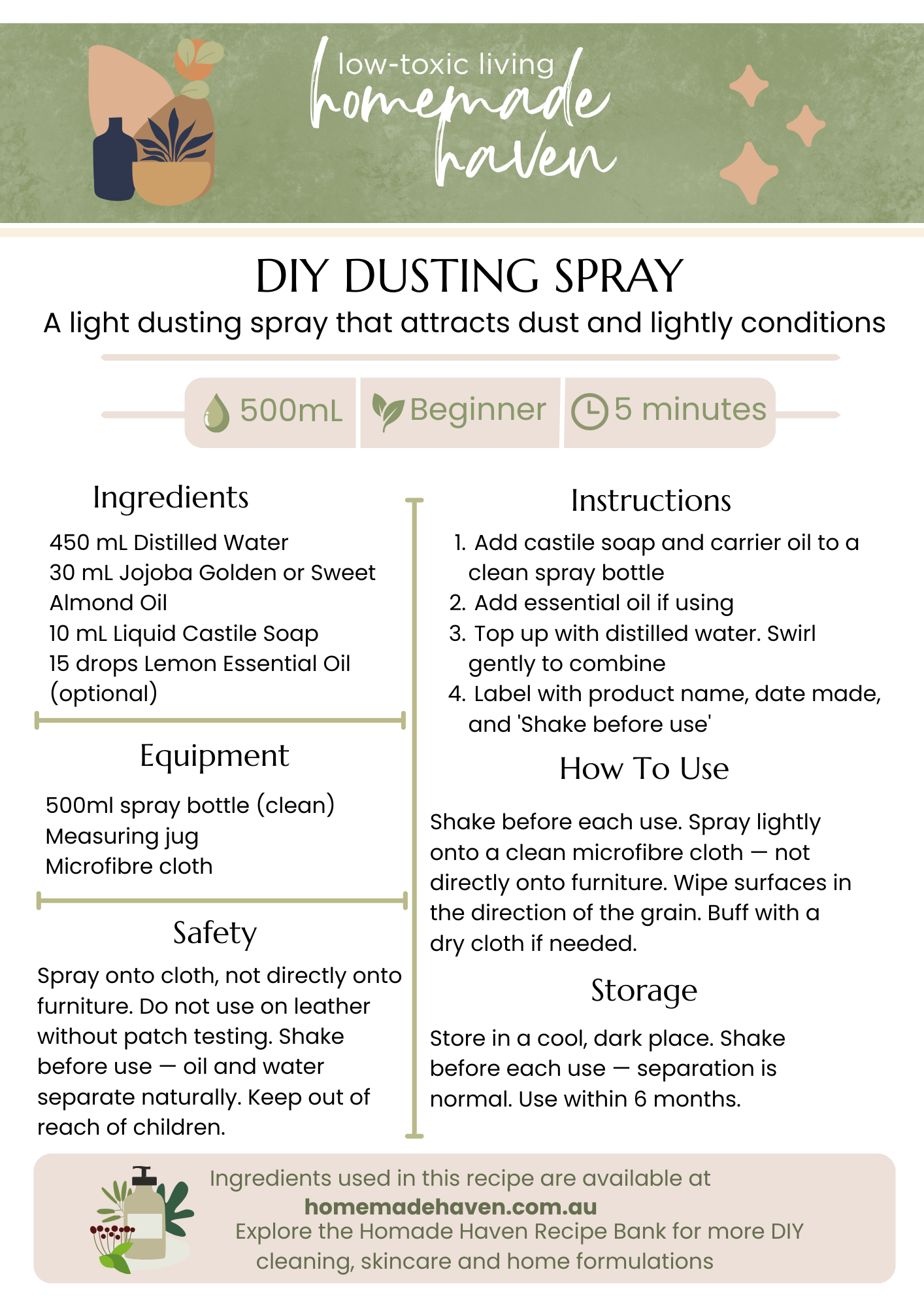 DIY Dusting Spray Recipe Card