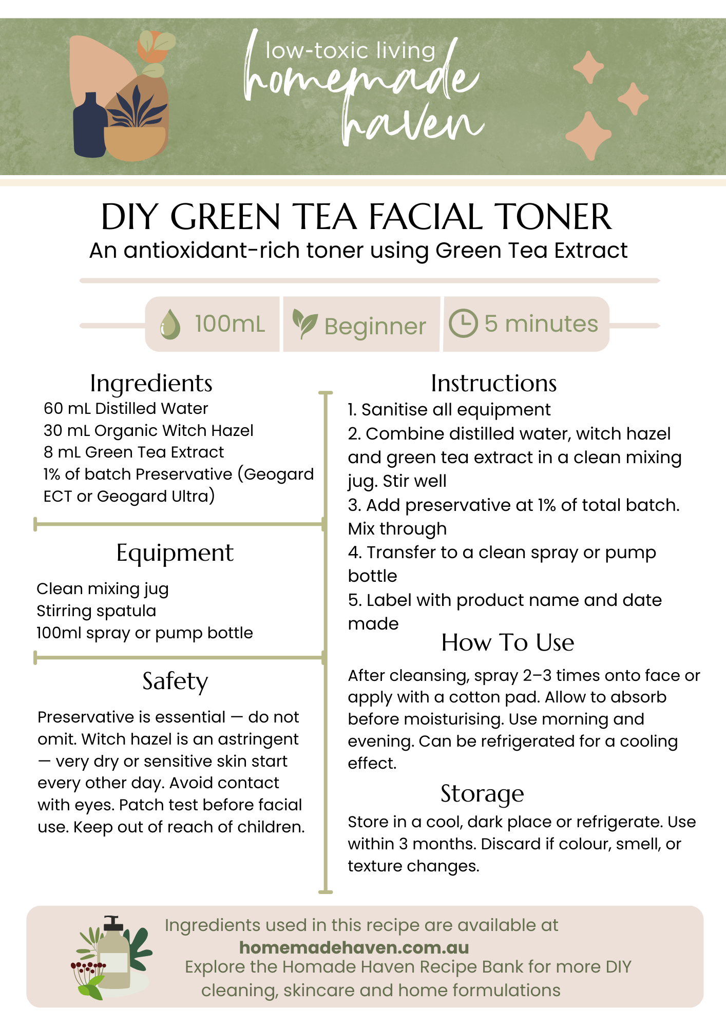 DIY Green Tea Facial Toner Recipe Card