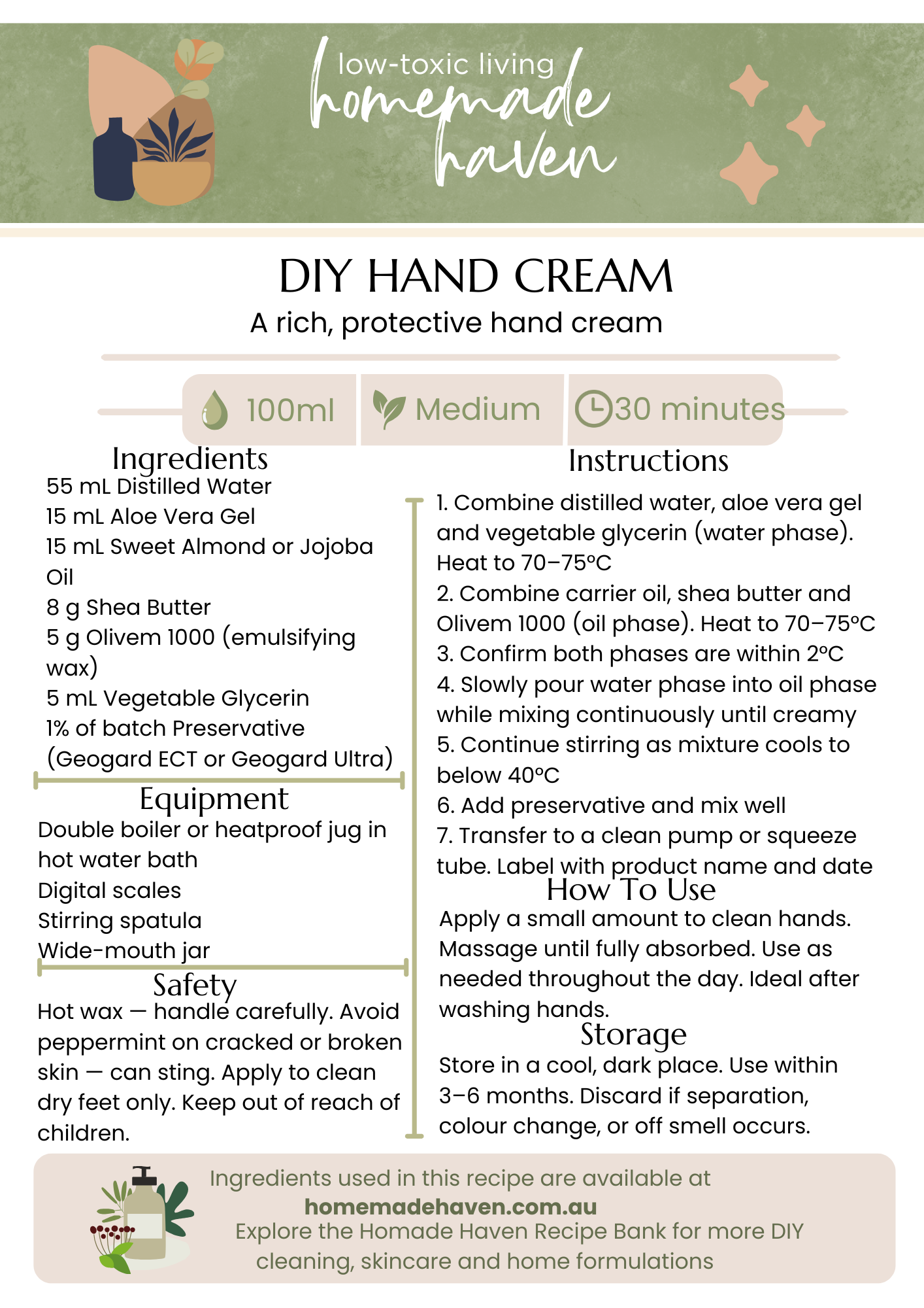 DIY Hand Cream Recipe Card