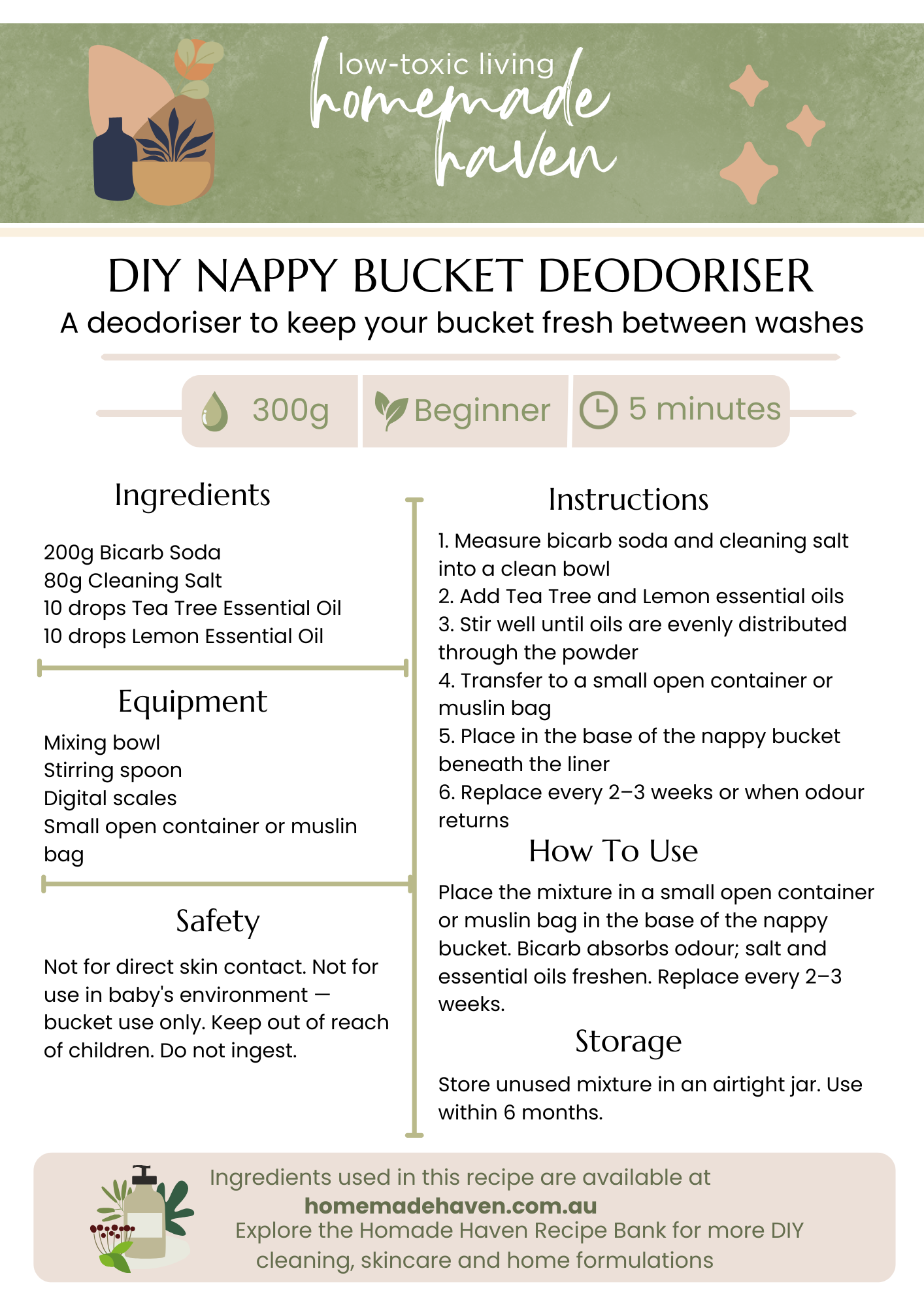 DIY Nappy Bucket Deodoriser Recipe Card