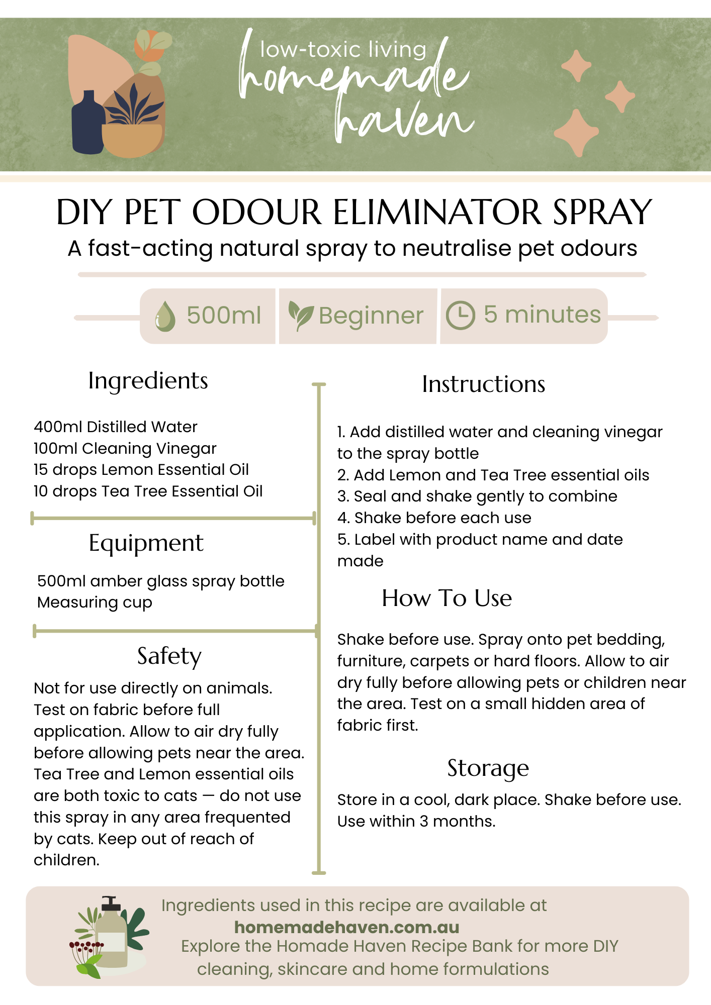 DIY Pet Odour Eliminator Spray Recipe Card
