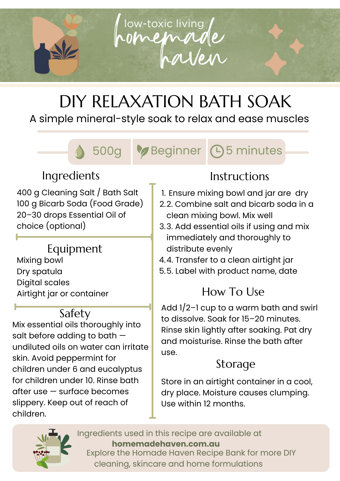 DIY Relaxation Bath soak Recipe Card
