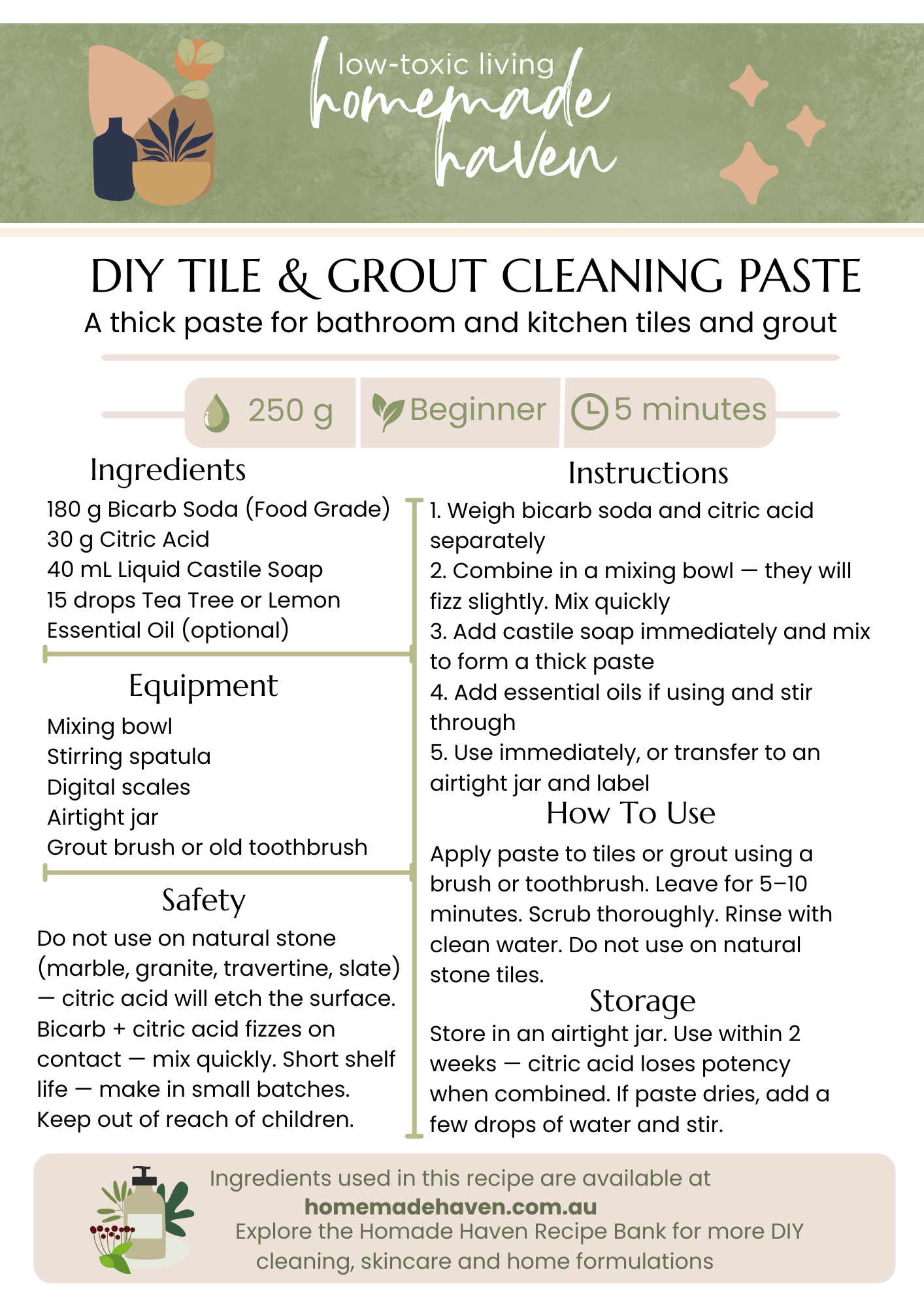 DIY Tile & Grout Cleaning Paste Recipe Card