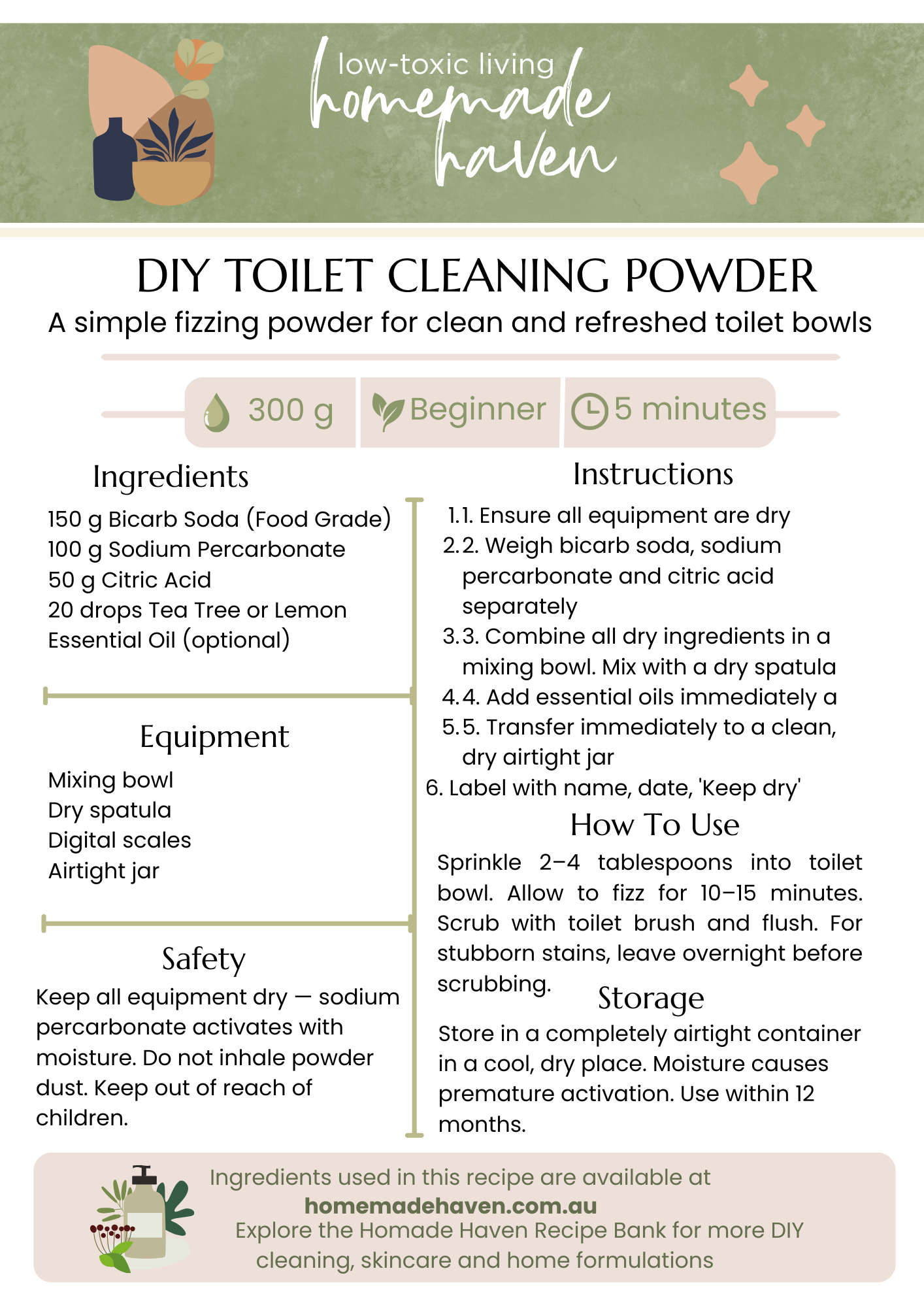DIY Toilet Cleaner Powder Recipe Card