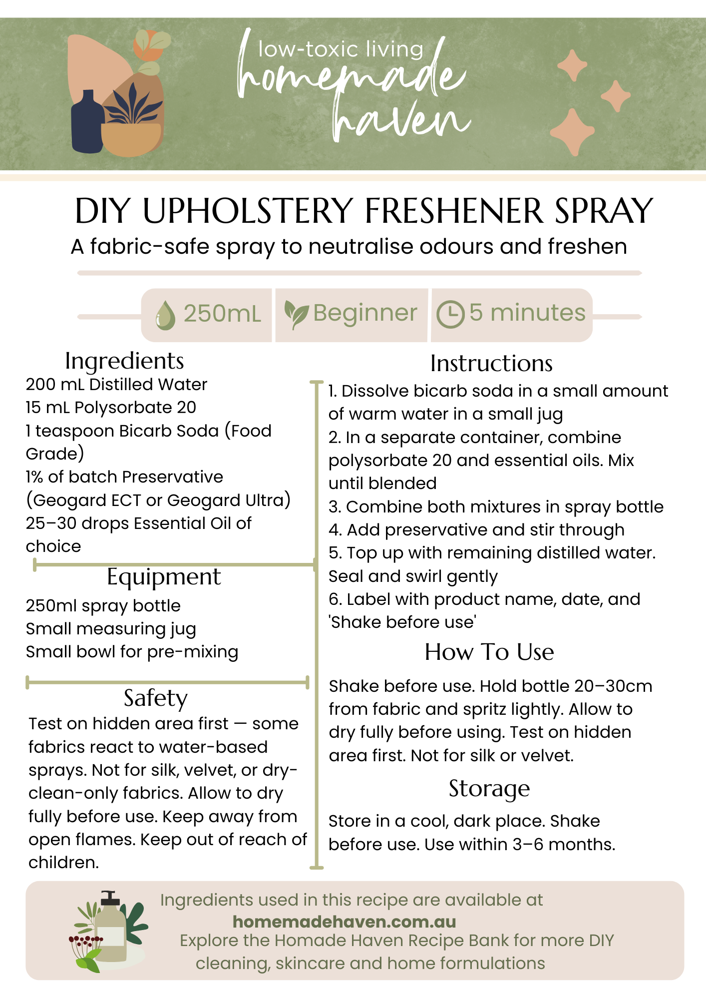 DIY Upholstery Freshener Spray Recipe Card