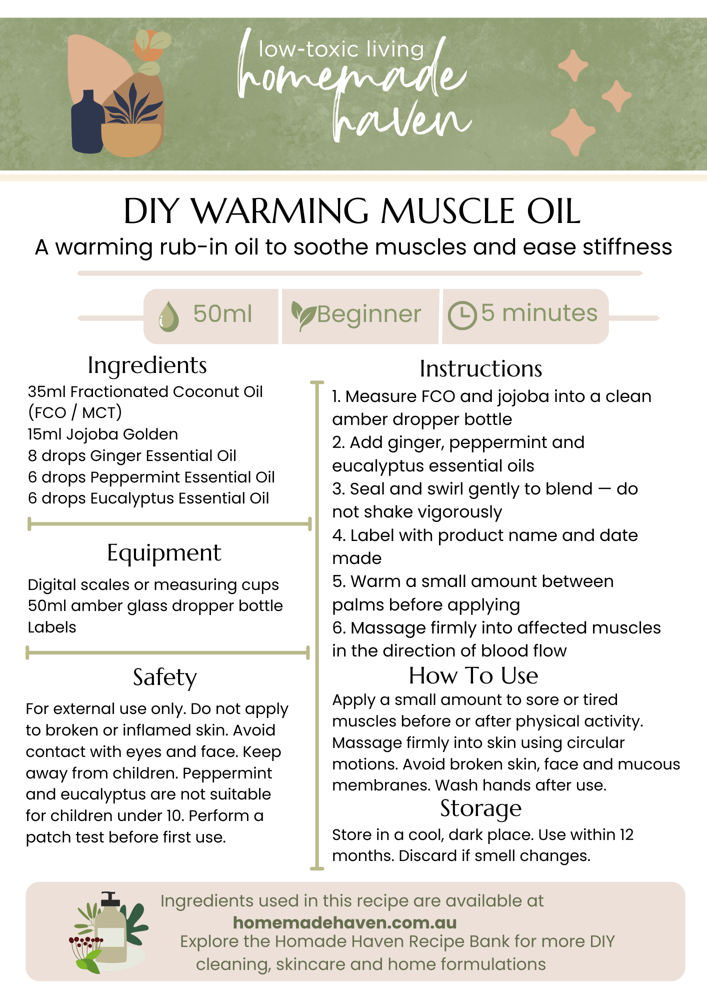 DIY Warming Muscle Oil Recipe Card