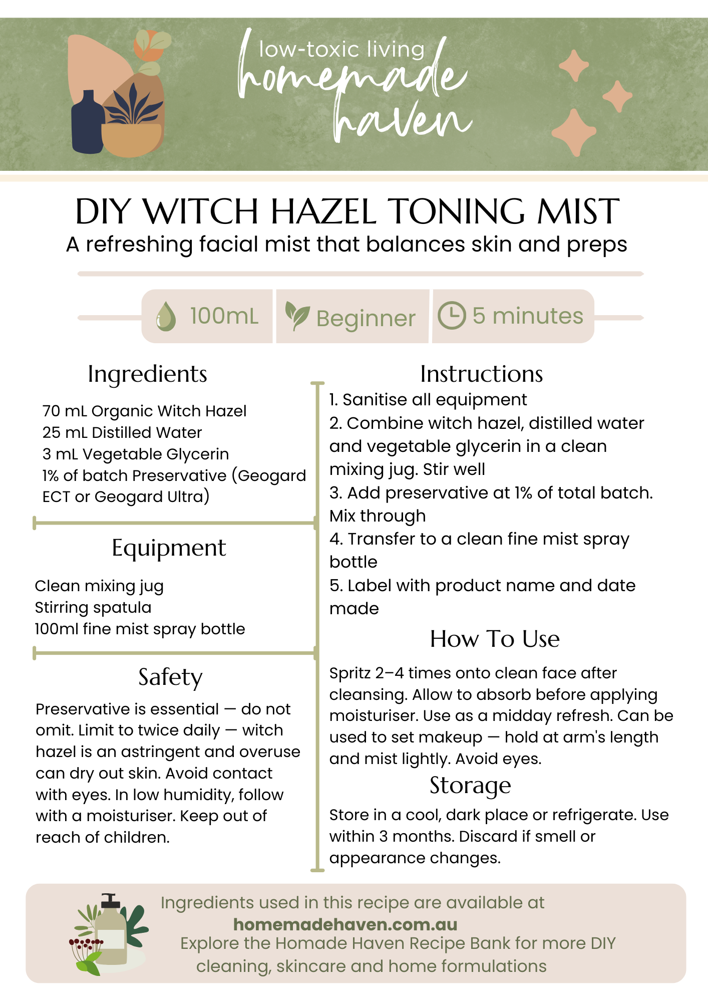 DIY Witch Hazel Toning Mist Recipe Card