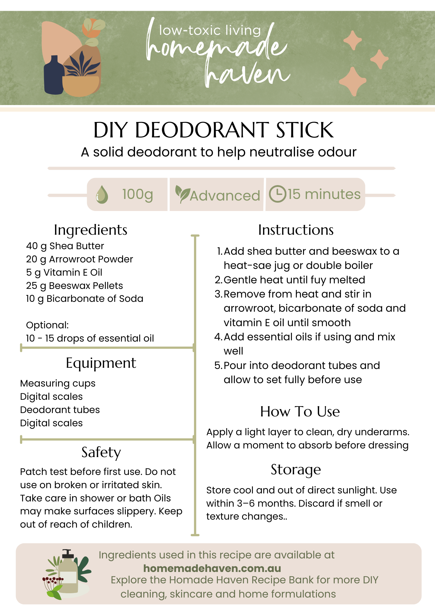 DIY Deodorant Stick Recipe Card