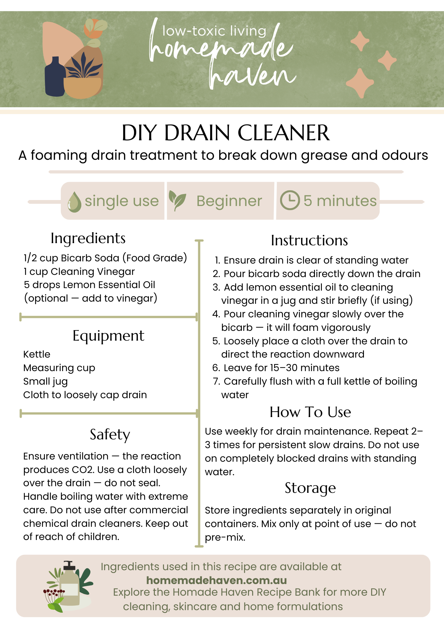 DIY Drain Cleaner Recipe Card