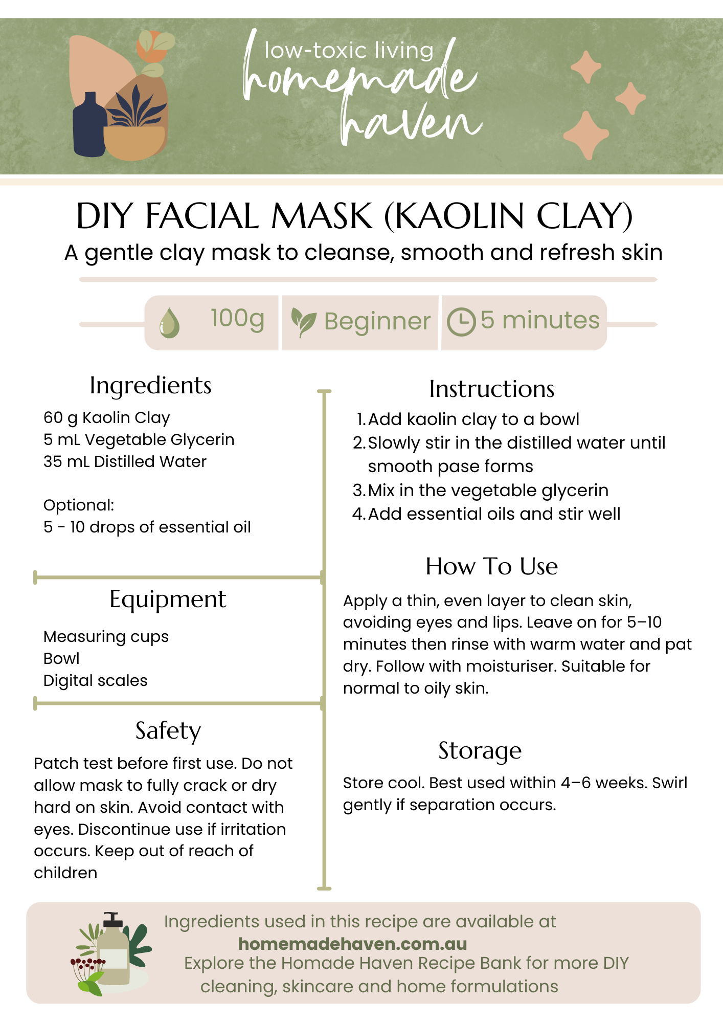 DIY Face Mask (Kaolin Clay) Recipe Card
