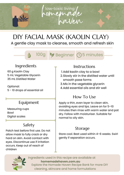 DIY Face Mask (Kaolin Clay) Recipe Card