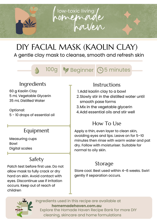DIY Face Mask (Kaolin Clay) Recipe Card