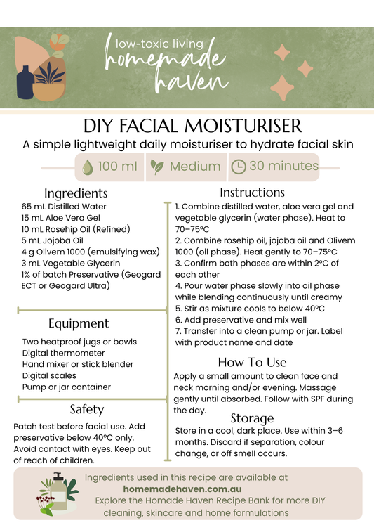 DIY Facial Moisturiser Recipe Card