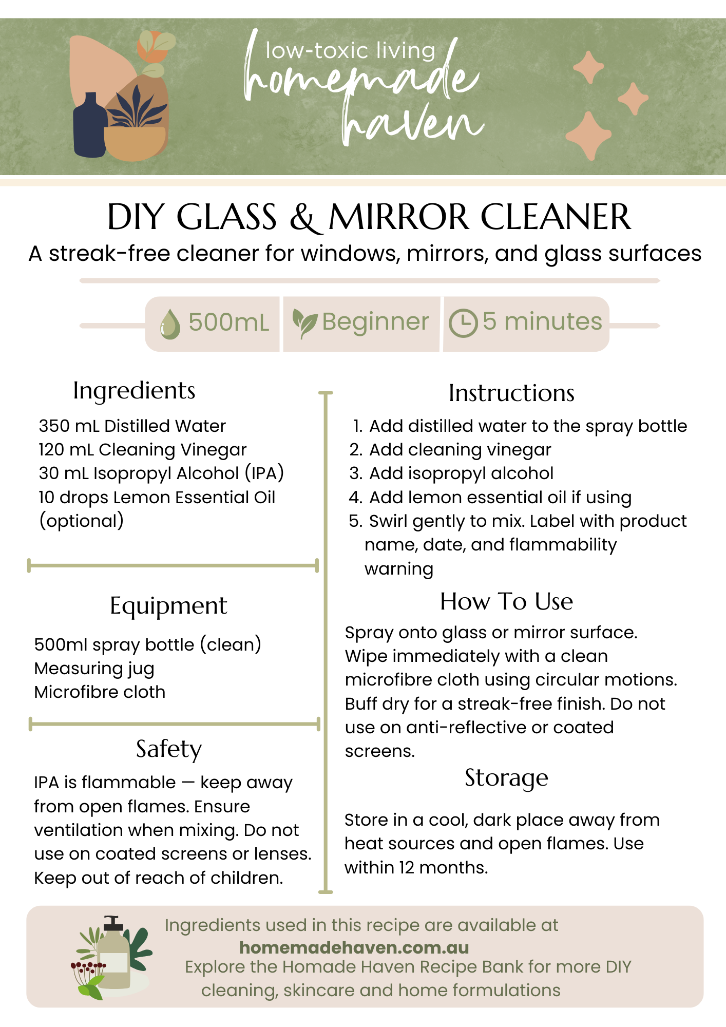 DIY Glass & Mirror Cleaner Recipe Card