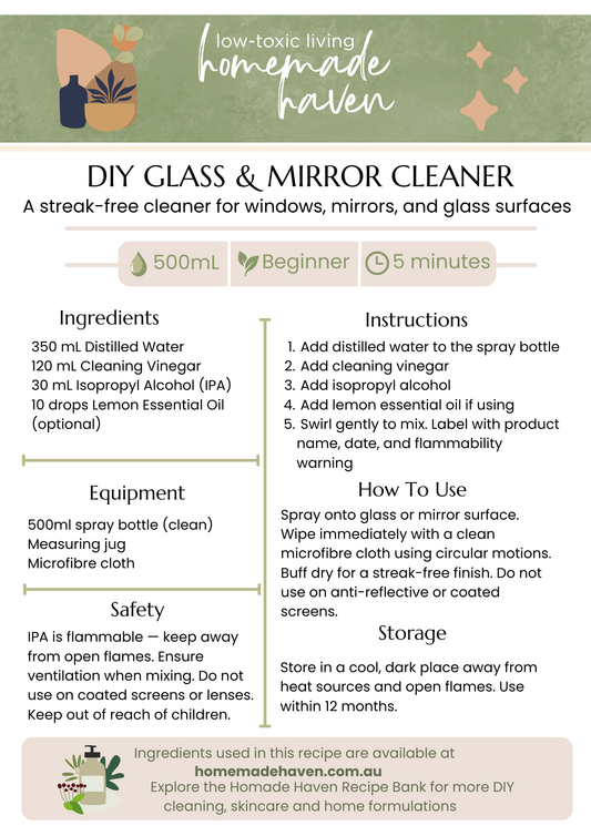 DIY Glass & Mirror Cleaner Recipe Card
