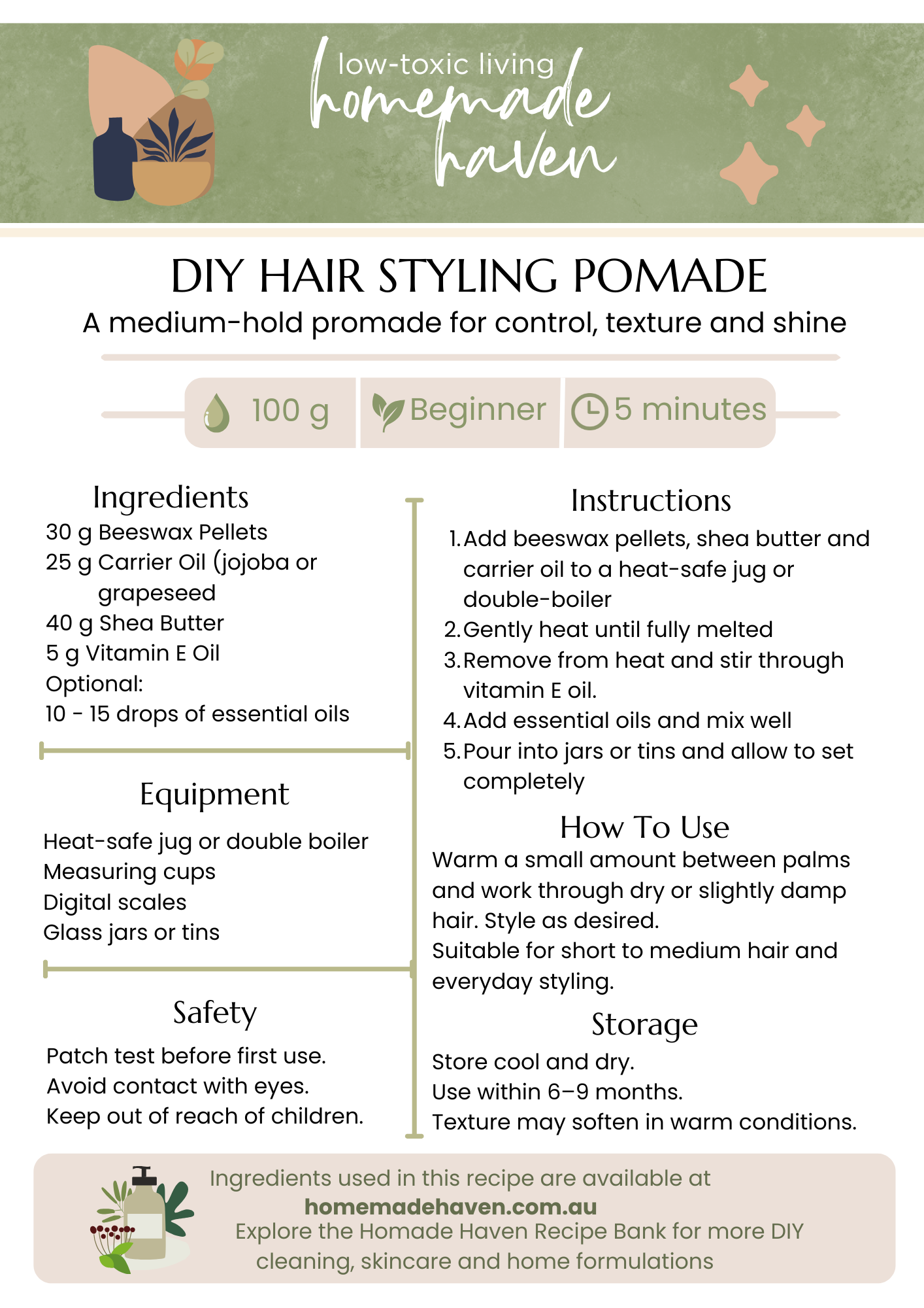 DIY Hair Styling Pomade Recipe Card