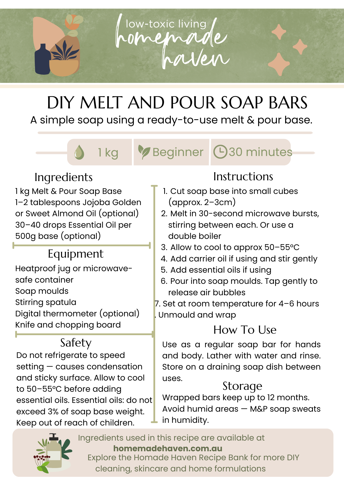 DIY Melt and Pour Soap Bars Recipe Card