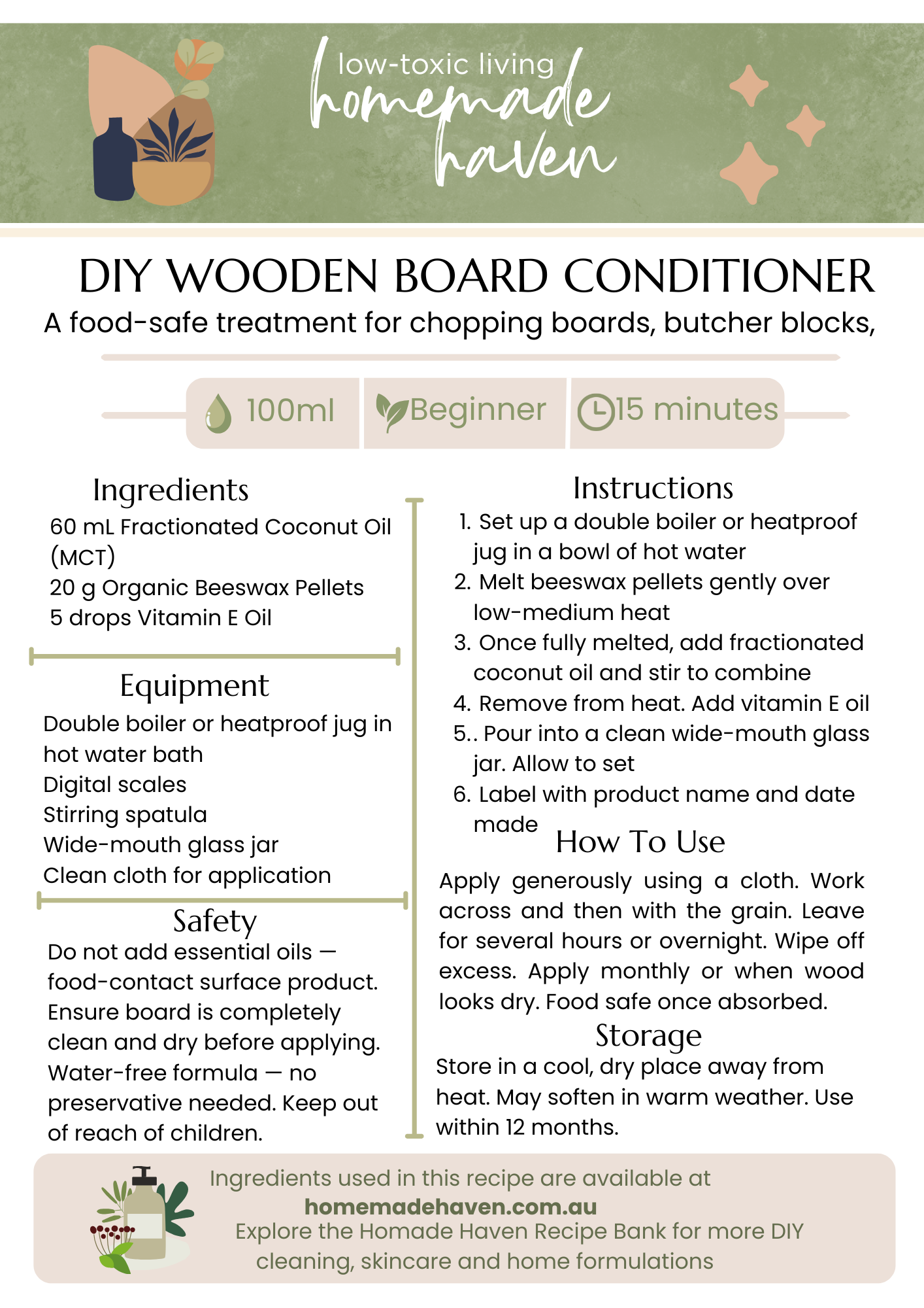 DIY Wooden Board Conditioner Recipe Card